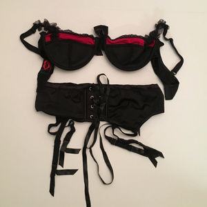 Bra Garter Skirt Lingerie Black Red Set Small